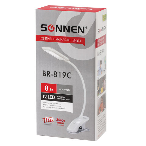 Светильник настольный SONNEN BR-819C, на прищепке, светодиодный, 8 Вт, белый