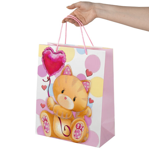 Пакет подарочный 26.5×12.7×33 см ЗОЛОТАЯ СКАЗКА «Lovely Kitty», глиттер, белый с розовым