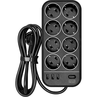 Сетевой фильтр Powercom SP-08 USB03AB 1.8 m (8 розеток) черный