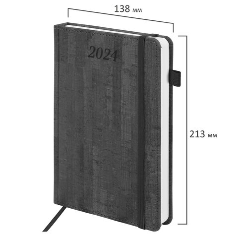 Ежедневник датированный 2024 А5 138×213 мм BRAUBERG «Wood», под кожу, держатель для ручки, серый