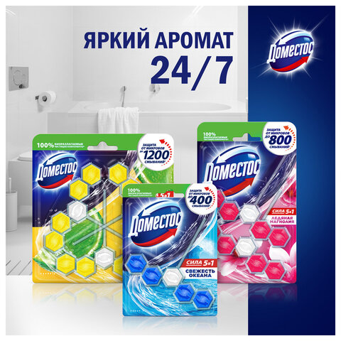 Блок туалетный подвесной твердый 3×55 гДОМЕСТОС Сила 5 в 1 «Свежесть океана»