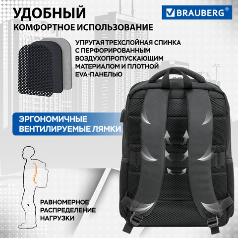 Рюкзак BRAUBERG FUNCTIONAL с отделением для ноутбука, USB-порт, багажная лента, Firm, 43×30x15 см
