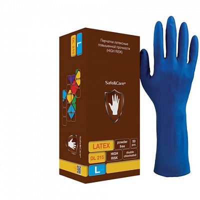 Перчатки латексные смотровые КОМПЛЕКТ 25 пар (50шт), повышенной прочности, размер L (большой), удлиненные, синие, SAFE&CARE High Risk