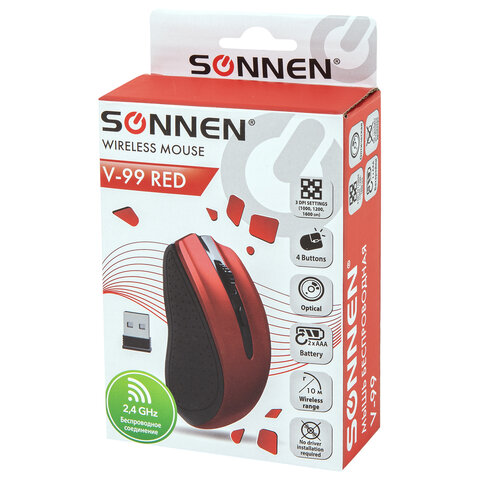 Мышь беспроводная SONNEN V99, USB, 800/1200/1600 dpi, 4 кнопки, оптическая, красная