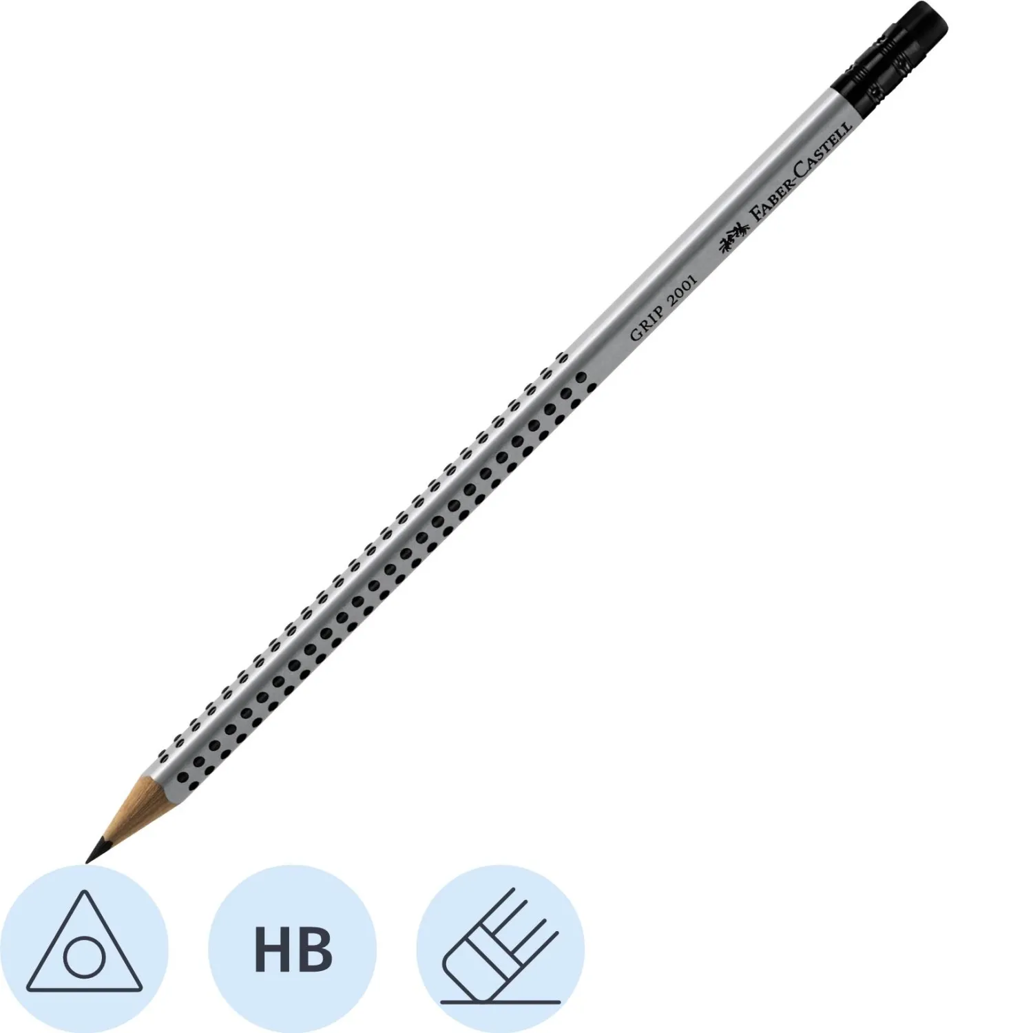 Карандаш чернографитный НВ с ластиком Faber-Castell Grip 2001 заточенный трехгранный