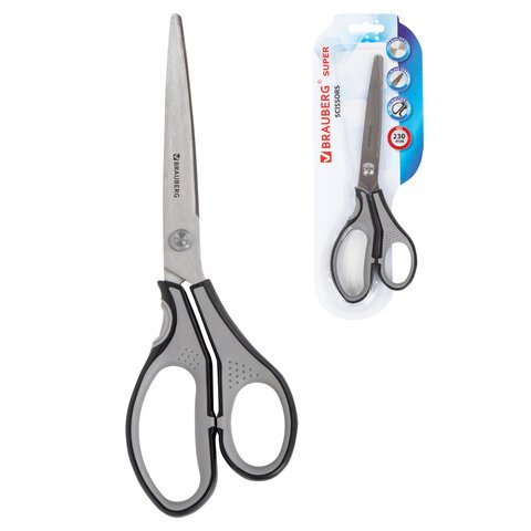 Ножницы BRAUBERG SUPER, 230 мм, серо-черные, 2-х сторонняя заточка
