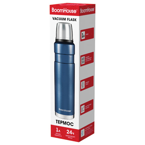 Термос 1 л, BOOMHOUSE (БУМХАУС) DARKBLUE, нержавеющая сталь SUS304, молотковая эмаль, крышка/кружка, синий