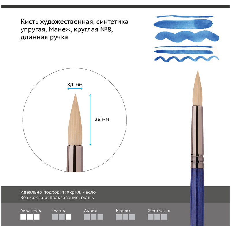 Кисть художественная синтетика упругая Гамма «Манеж», круглая №8, длинная ручка
