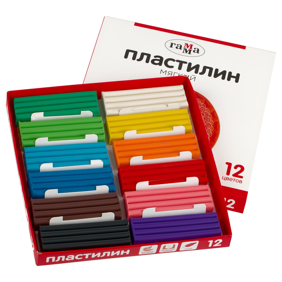 Пластилин Гамма, 12 цветов, 240г, со стеком, картон. упаковка