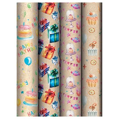 Упаковочная бумага крафт 70×100см, MESHU «Happy birthday», 70 г/м2, ассорти, 4 дизайна