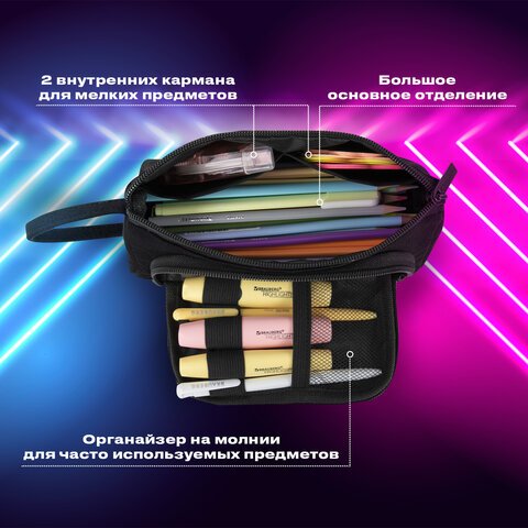Пенал-косметичка BRAUBERG с ручкой, 1 откидная планка, полиэстер, 22×10×8 см, Black