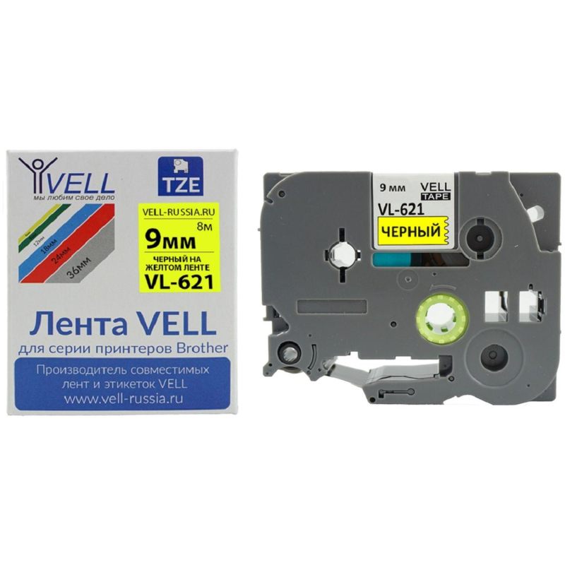 превью Картридж Vell VL-621 (Brother TZE-621, 9 мм, чер на желтом) для PT {Vell621
