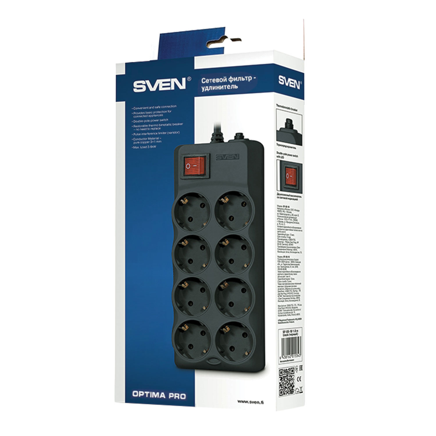 Сетевой фильтр SVEN Optima Pro, 8 розеток, 1.8 м, черный