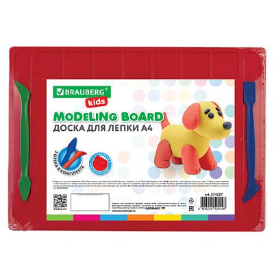 Доска для лепки А4, 280×200 мм, BRAUBERG KIDS, красная, 7 отделений для пластилина, 2 стека