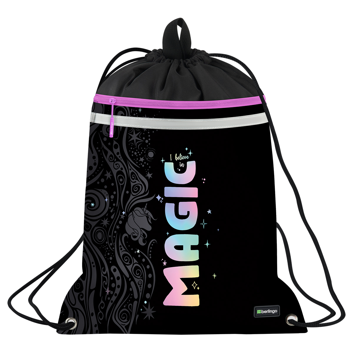 превью Мешок для обуви 1 отделение Berlingo «Purple Magic», 360×460мм, вентиляционная сеточка, светоотражающая лента, карман на молнии