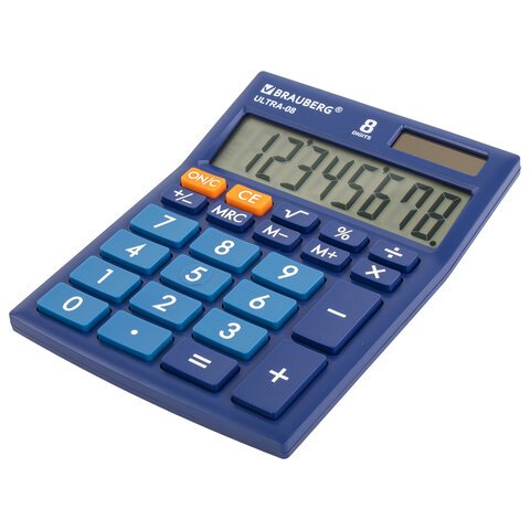 Калькулятор настольный BRAUBERG ULTRA-08-BU, КОМПАКТНЫЙ (154×115 мм), 8 разрядов, двойное питание, СИНИЙ