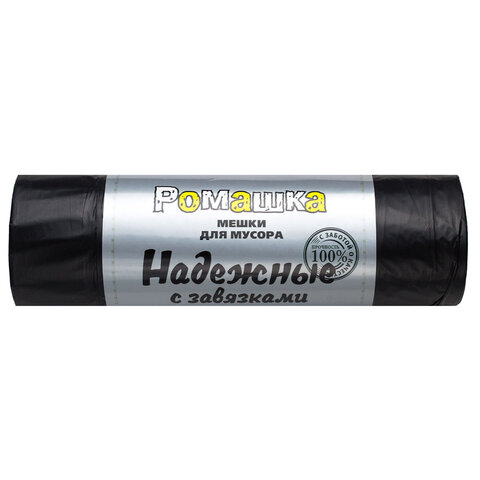 превью Мешки для мусора с завязками 35 л, в рулоне 15 шт., ПСД 18 мкм, 50×53 см, РОМАШКА НАДЕЖНЫЕ