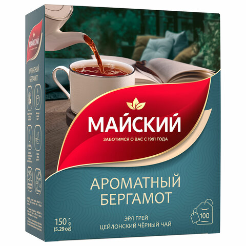 Чай МАЙСКИЙ «Ароматный бергамот» черный цейлонский байховый, 100 пакетиков по 1.5 г