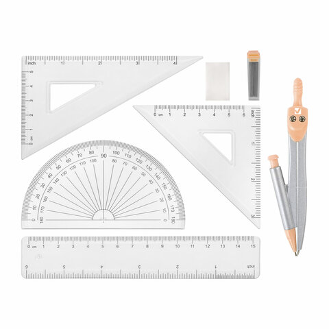 Готовальня BRAUBERG SCHOOL KIT, 9 предметов, циркуль 125 мм, чертежные принадлежности, персиковый цвет