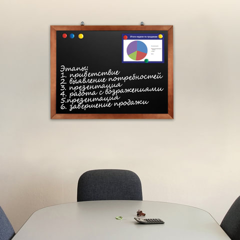 Доска для мела магнитная (60×90 см), черная, деревянная окрашенная рамка, Россия, BRAUBERG