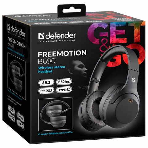 Наушники с микрофоном (гарнитура) DEFENDER FreeMotion B690, Bluetooth, беспроводные, черные