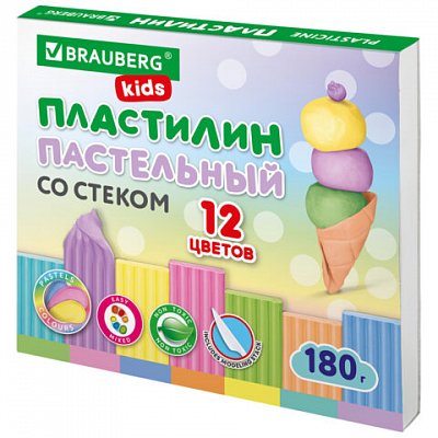 Пластилин классический пастельные цвета BRAUBERG KIDS, 12 цветов, 180 г, стек