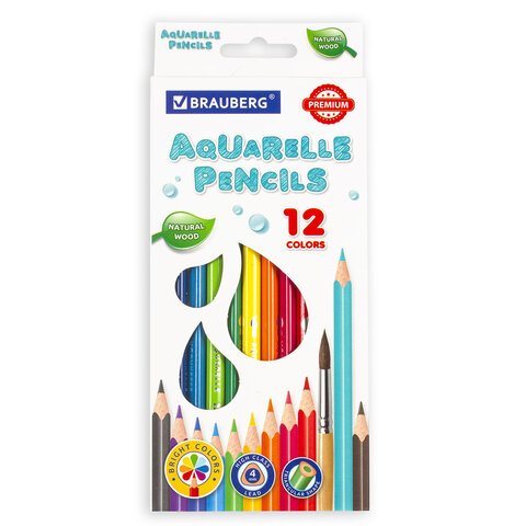 превью Карандаши цветные акварельные BRAUBERG PREMIUM AQUARELLE12 цветовгрифель мягкий 4 мм181671