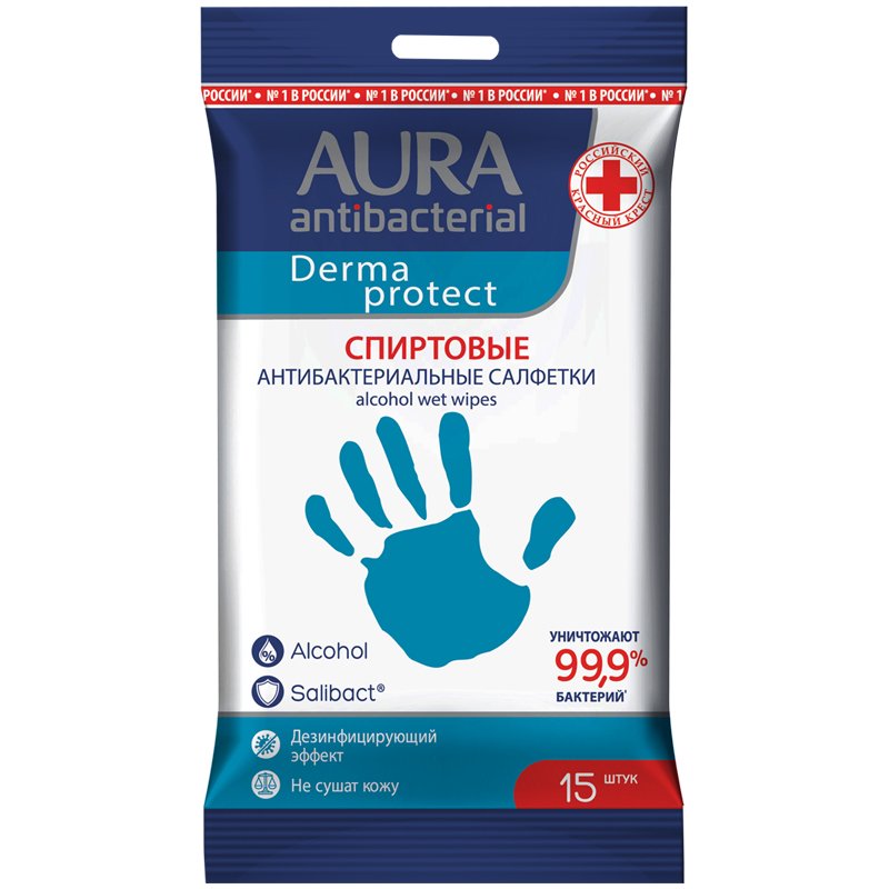 превью Салфетки влажные Aura «Derma Protect», 18×15см, 15шт., спиртовые