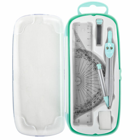 Готовальня BRAUBERG SCHOOL KIT, 9 предметов, циркуль 125 мм, чертежные принадлежности, мятный цвет