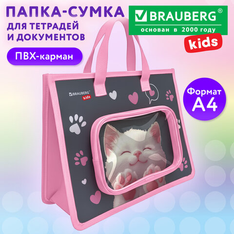 Папка на молнии с ручками BRAUBERG KIDS А4, 1 отделение, дополнительные карманы, пластик, «Кот-мурлыка»