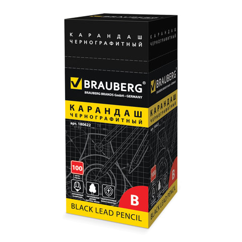 Карандаш ч/гр BRAUBERG В, черный, без резинки, заточенный, карт. упак. 