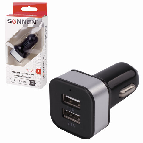 Зарядное устройство автомобильное SONNEN, 2 порта USB, выходной ток 2.1 А, черное-белое, 454796