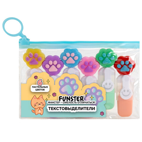 Набор текстовыделителей с топперами 6 ЦВЕТОВ ПАСТЕЛЬ, «ЛАПКИ», линия 1-4 мм, FUNSTER (ФАНСТЕР)