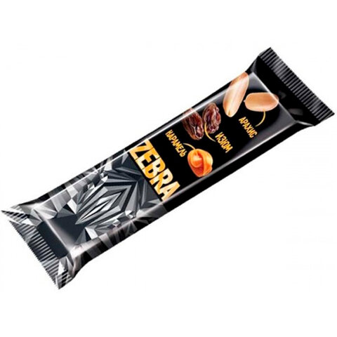 Батончик вафельный глазированный ZEBRA с изюмом и арахисом в мягкой карамели, 40 г, пакет