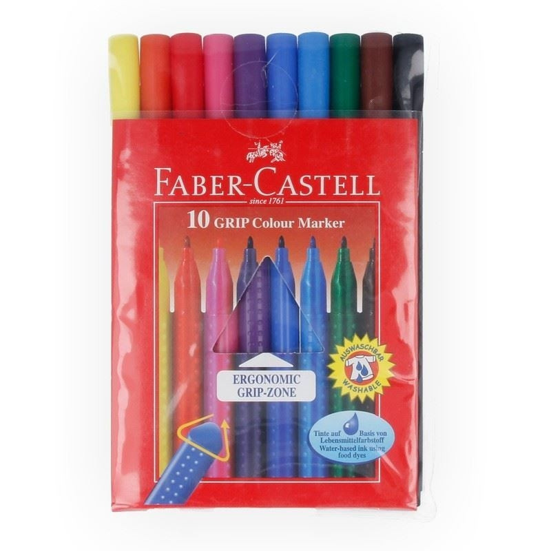 Фломастеры FABER-CASTELL «Grip», 10 цветов, трехгранные, смываемые, ПВХ упаковка