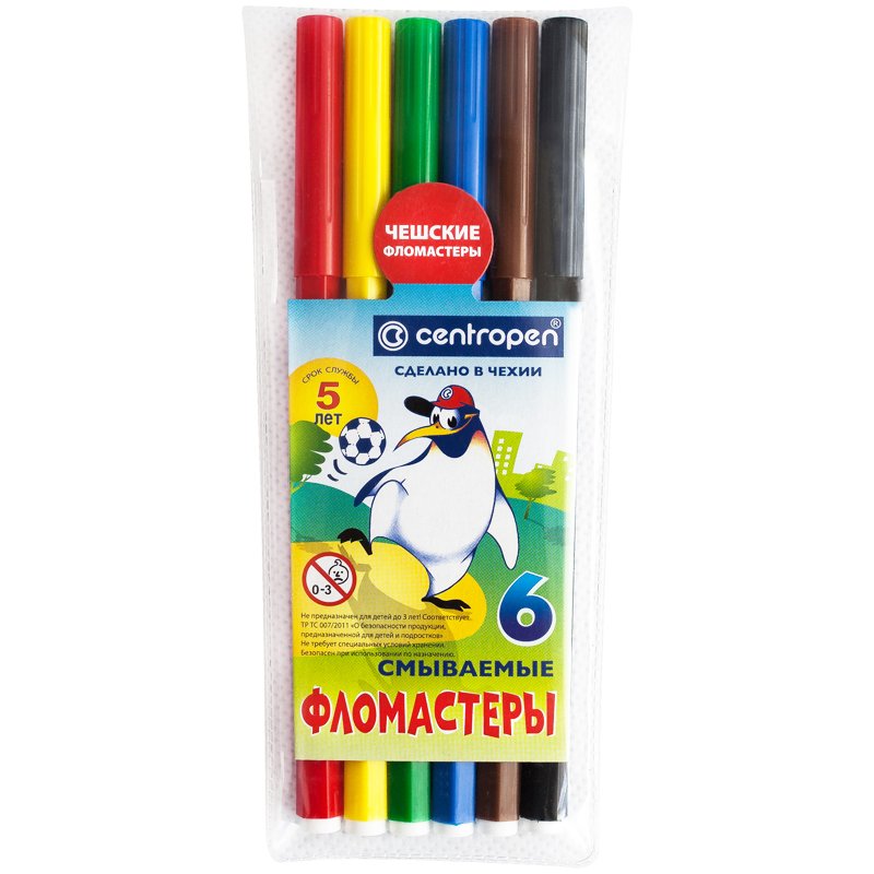 Фломастеры CENTROPEN, 6 цветов, «Пингвины», смываемые, вентилируемый колпачок, полибег