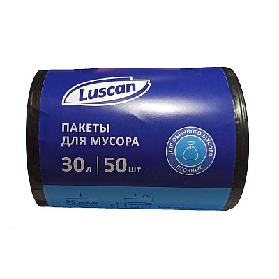 Мешки для мусора на 30 л Luscan черные (ПВД, 25 мкм, в рулоне 50 шт, 50×70 см)