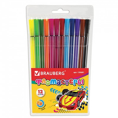 Фломастеры BRAUBERG, 12 цветов, шестигранные в полоску, вентилируемый колпачок, пластиковая упаковка