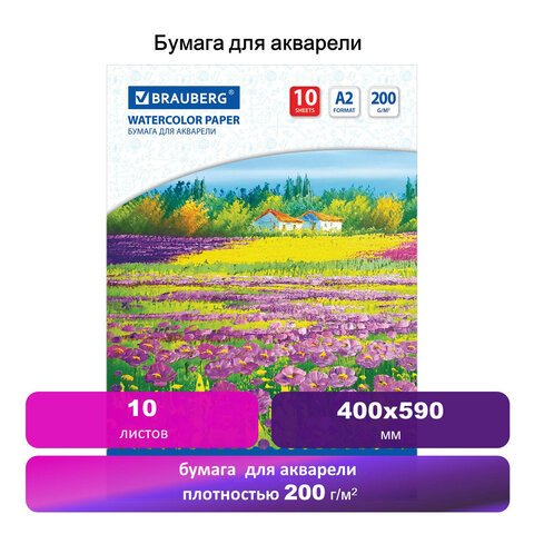 Папка для акварели БОЛЬШОГО ФОРМАТА А2, 10 л., 200 г/м2, BRAUBERG ART, 400×590 мм, «Цветочный луг», 111062