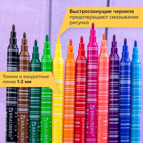 Фломастеры BRAUBERG «PREMIUM»12 цветовКОРПУС С ПЕЧАТЬЮвентилируемый колпачокПВХ-упаковка с европодвесом151942