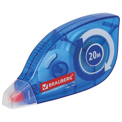 Корректирующая лента BRAUBERG 5 мм х 20 м, корпус синий, механизм перемотки, блистер