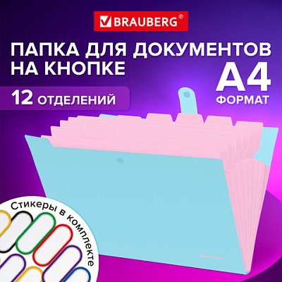 Папка-органайзер на кнопке 12 отделений, BRAUBERG «Extra», А4, голубая с розовым