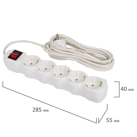 Сетевой фильтр СУ10-005 5 розеток, с заземлением, выключатель, 16 А, 3 м, белый