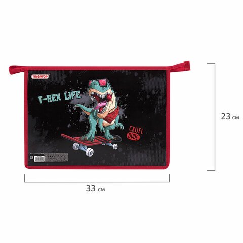 Папка для тетрадей ПИФАГОР А4, 1 отделение, картон/пластик, на молнии, «T-Rex Life»