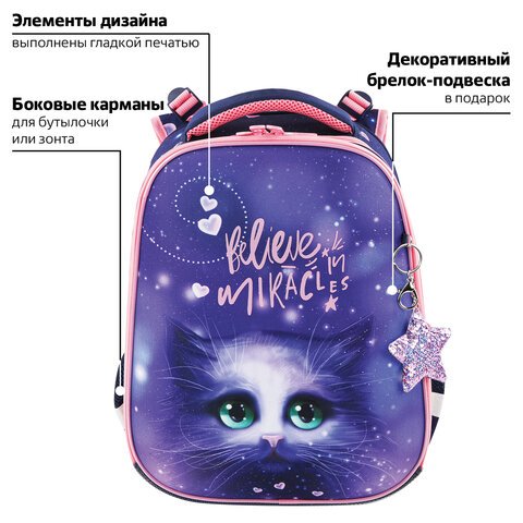 Ранец BRAUBERG PREMIUM, 2 отделения, с брелком, «Believe in miracles», 38×29х16 см