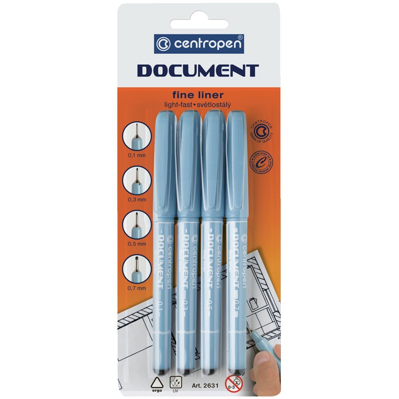 Набор капиллярных ручек Centropen «Document 2631» черные, 4шт., 0.1/0.3/0.5/0.7мм, европодвес