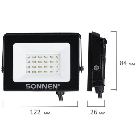 Прожектор светодиодный 20 Вт, 6500 К, 1600 Лм, IP65, 122×84x26 мм, черный, SONNEN