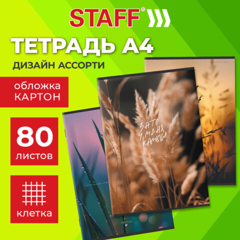 Тетрадь А4 80 л. STAFF «College» скоба, клетка, офсет №2 ЭКОНОМ, обложка картон, ЭСТЕТИКА