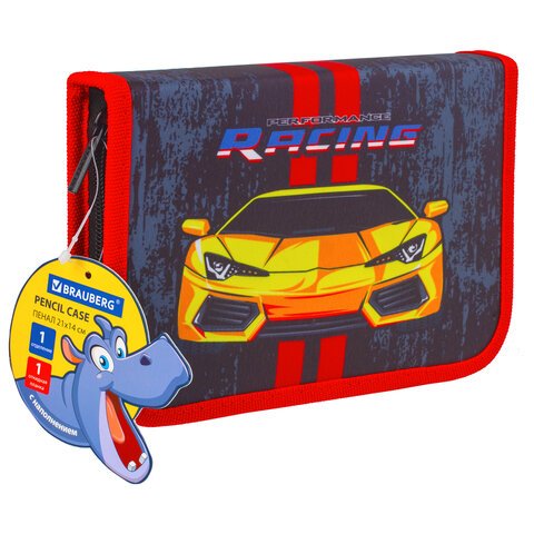 Пенал с наполнением BRAUBERG, 1 отделение, откидная планка, 24 предмета, 21×14 см, «Perfomance Racing», 229292