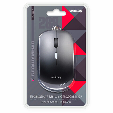 Мышь проводная бесшумная SMARTBUY 288-K, USB, 2 кнопки + 1 колесо, оптическая, черная, 02019